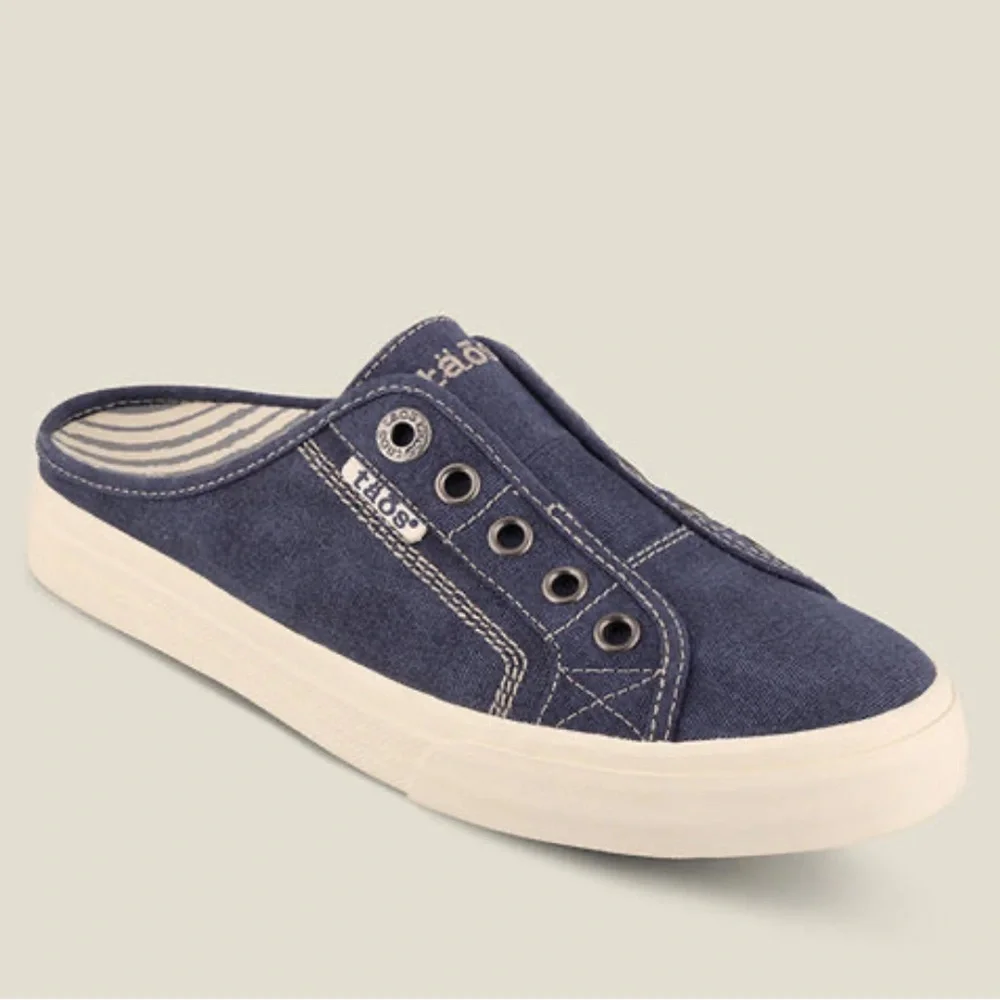 Taos Footwear Slip-in Mules Blue Canvas EZ Soul Shoes Open Heel Sneakers - Picture 8 of 9
